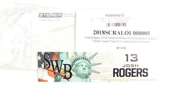 2018 Josh Rodgers Swb Railriders Game Used Locker Room Nameplate #13 Wht/liberty