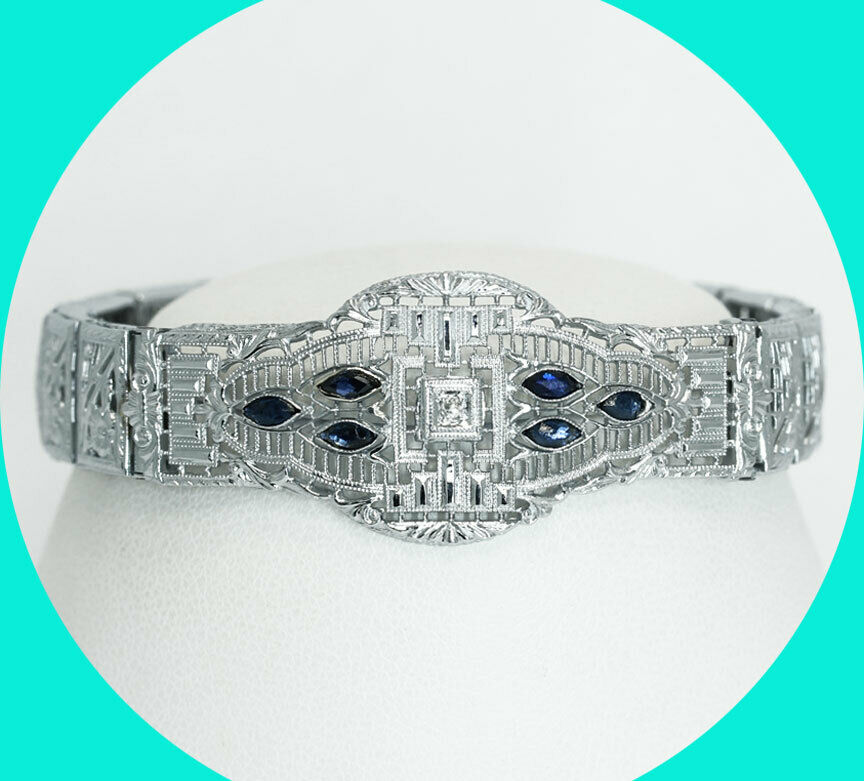 .32ct Vs Diamond Sapphire Art Deco Style Bracelet Wg Filigree 13.8 Gm