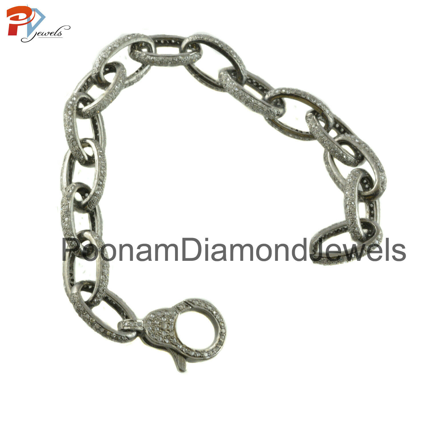 Genuine Pave Diamond 925 Solid Silver Link Chain Bracelet Lobster Clasp Jewelry